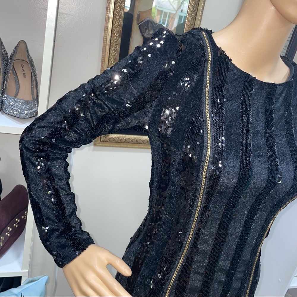 Xtaren NWT! Black Velvet Sequin Striped Chain Long Sleeve Stretchy Mini Dress - Picture 4 of 14